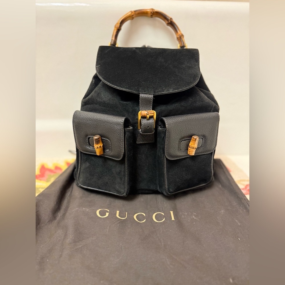 GUCCI‎ Vintage Y2K Unisex Black Suede & Leather Trim Bamboo Medium Backpack - Picture 2 of 16